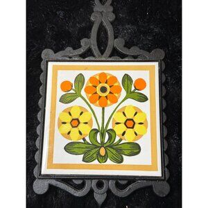 Vintage Lobeco Cast Iron Trivet With Ceramic Floral Tile Design  Japan  Large